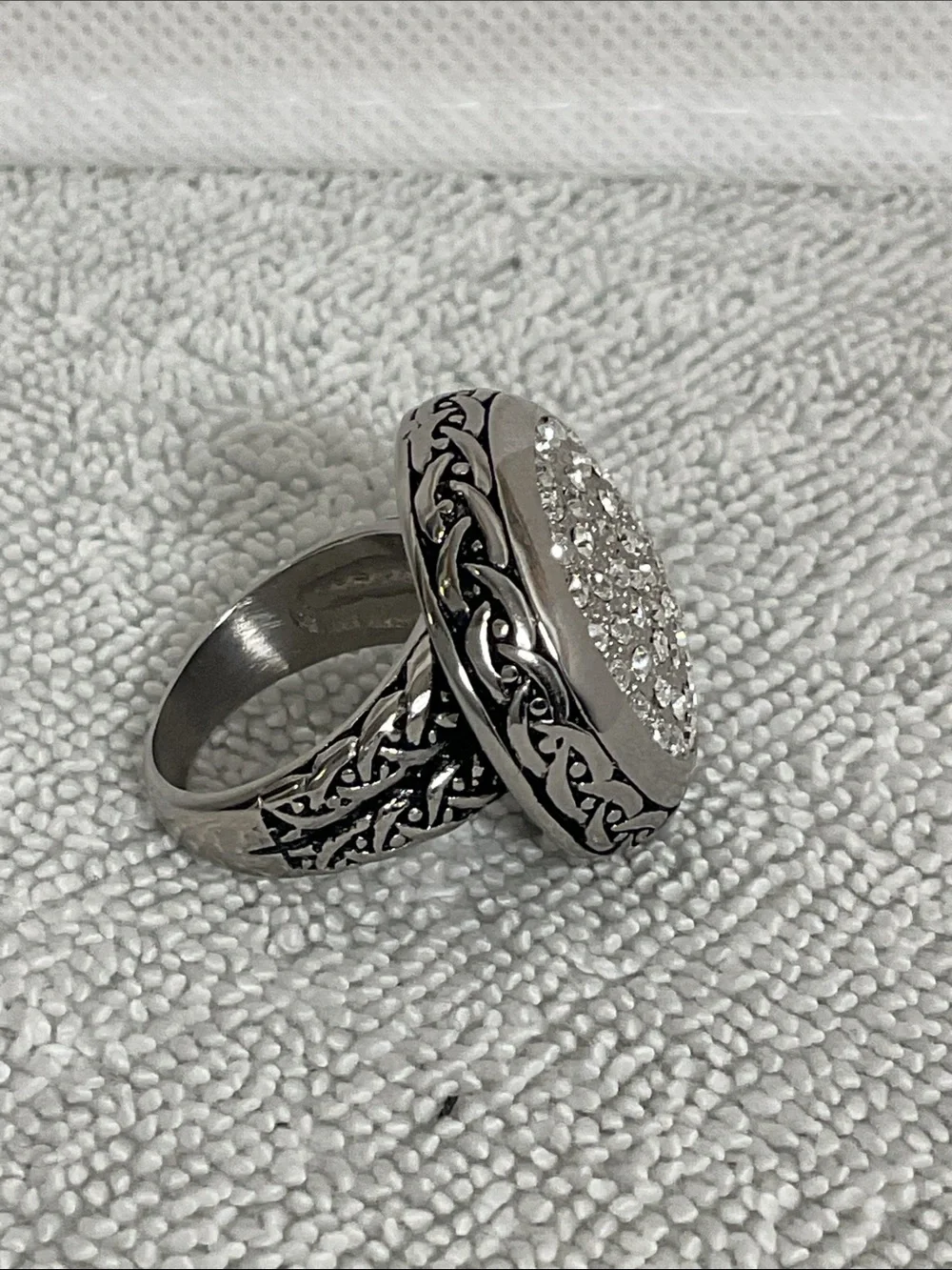 Stainless Steel Pave Crystal Disc Statement Ring Celtic Woven Band Size 8